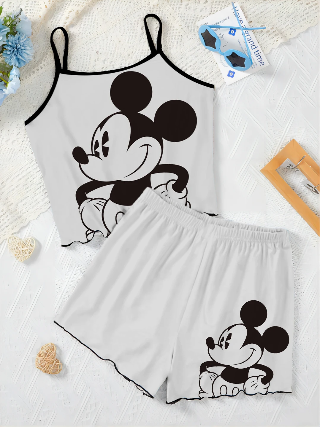 Top Pajama Skirt T-shirt Mickey Minnie Mouse Short Sets for Women 2 Pieces Home Dress Disney Lettuce Trim Elegant Women's Suit