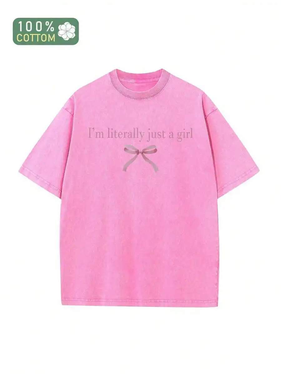 

Pink Vintage Washed Graphic Tee Women Loose Crew Neck Short Sleeve T-Shirt