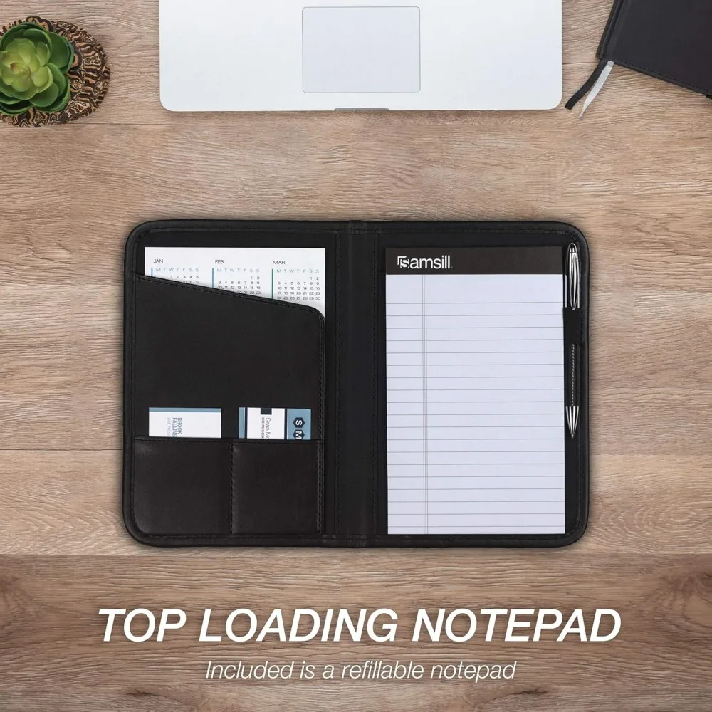 Professional Padfolio, Faux-Leather Mini Portfolio, with 5 x 8 Writing Pad, Black