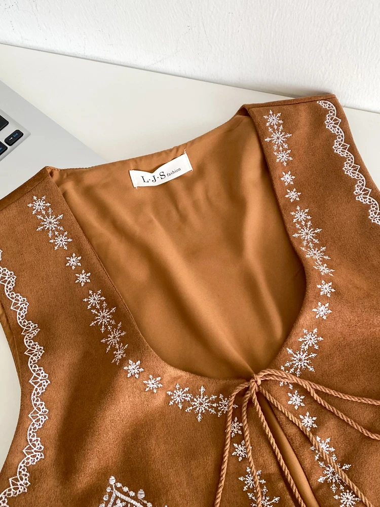 

Retro Faionable Embroidered Belted Open Cardigan Vest Women's Sli Versatile Slimming ort Leather Velvet Jaet