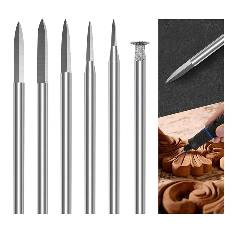 

AT63-Wood Carving Drill Bits Set 6Pcs Engraving Drill Accessories Bit Wood Carving Kit For Rotary Tool, For Carving Engraving
