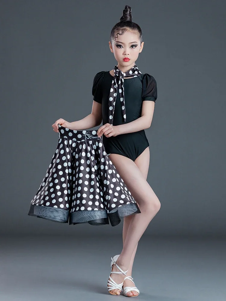 

2025Rumba Latin Dance Dress for Girls and Children New Salsa Professional Polka Dot Dance Dress Separate Body Training Dress