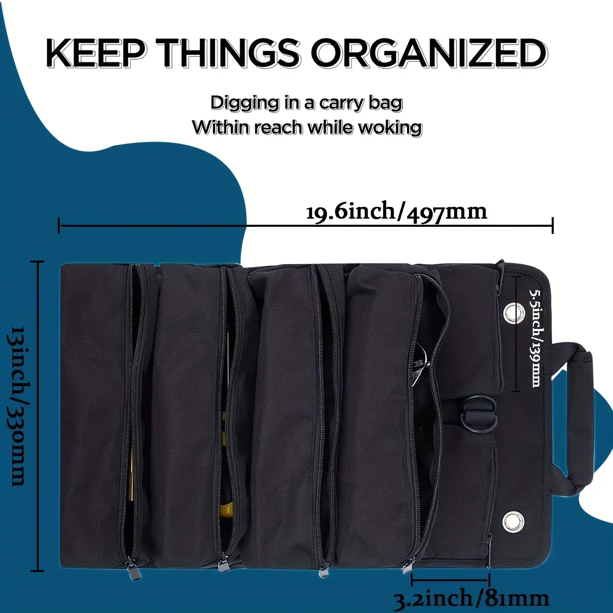 Organizadores pequeno saco com bolsas destacáveis, Heavy Duty Roll Up Tool Bag, Organizadores com 6 Bolsas