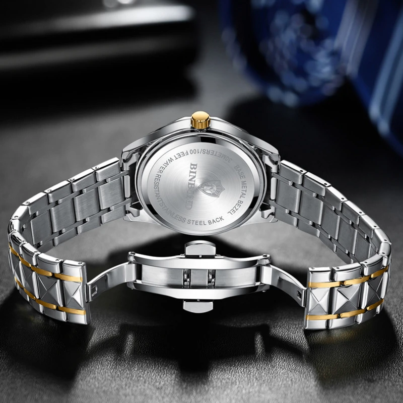 Reloj dorado de acero inoxidable para hombre, cronógrafo de pulsera deportivo de lujo con botón pulsador, cierre oculto, resistente al agua, luminoso, fecha y semana
