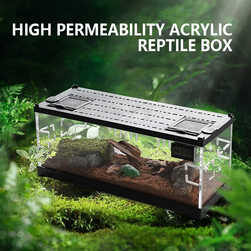

New Reptile Breeding Box Transparent Acrylic Lizard Feeding Box Ventilation Amphibians Terrarium with Thermometer and Hygrometer