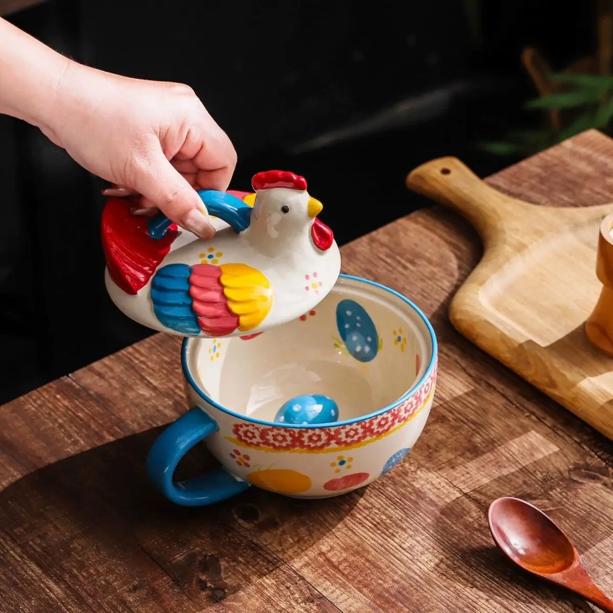 Tazón de cerámica colorido con diseño de pollo, de lujo ligero, para ensalada de frutas, comida casera, fideos instantáneos, sopa y arroz, con tapa