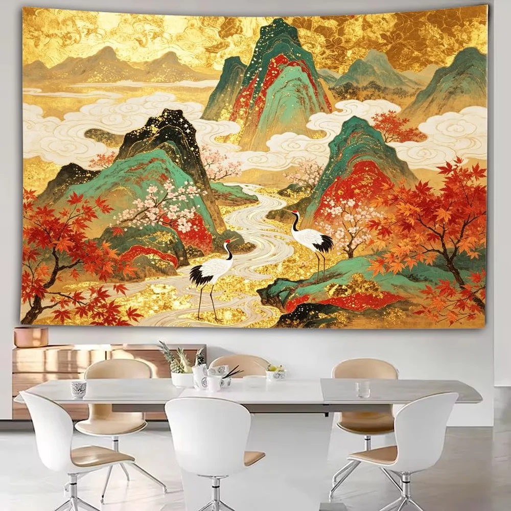 VIKAMA Asian Landscape Tapestry – Red Temple in Mountains, Golden Sunset, Oriental Zen Wall Art​