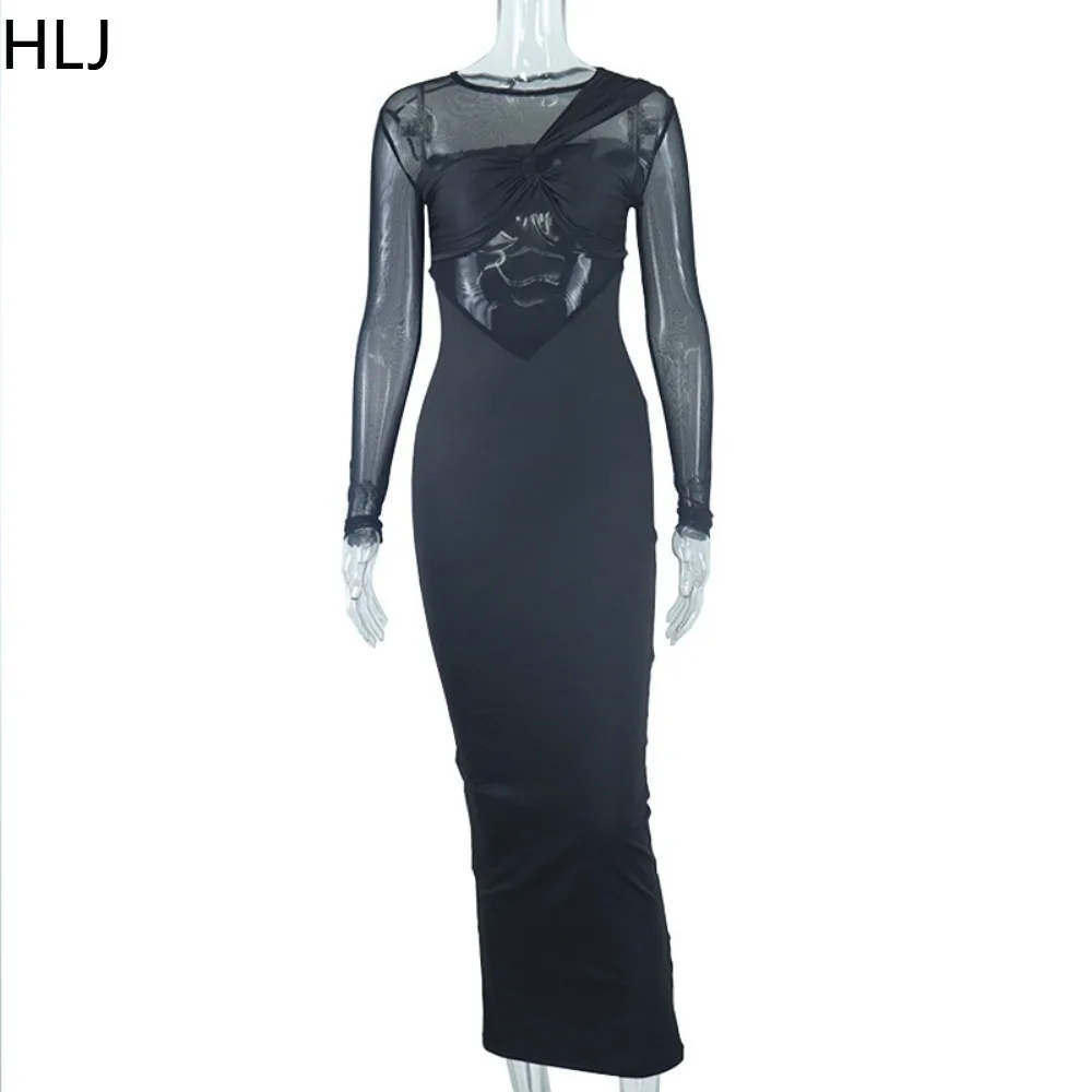 فستان ملاصق للجسم شبكي مثير باللون الأسود HLJ للنساء ، فساتين متوسطة ، رقبة دائرية ، أكمام طويلة ، ملابس ضيقة للحفلات والنادي ، موضة منظورية