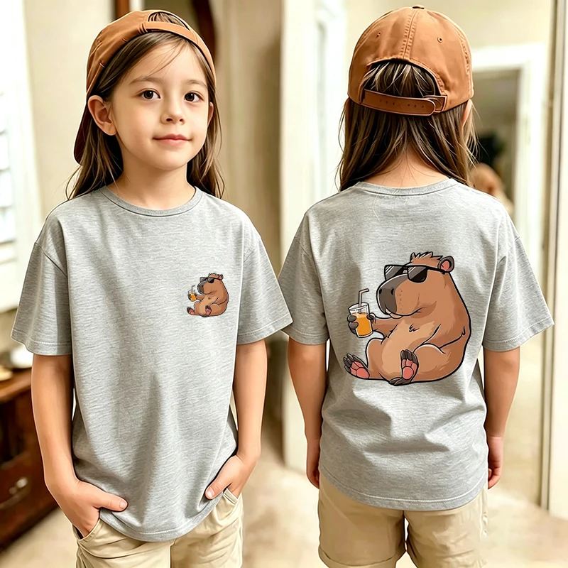 Funny Tshirts Kids Capybara Summer Short Sleeve Graphic Tees Cartoon Boys Girls Clothes Kawaii Kitten Tops Y2K Children T-shirt