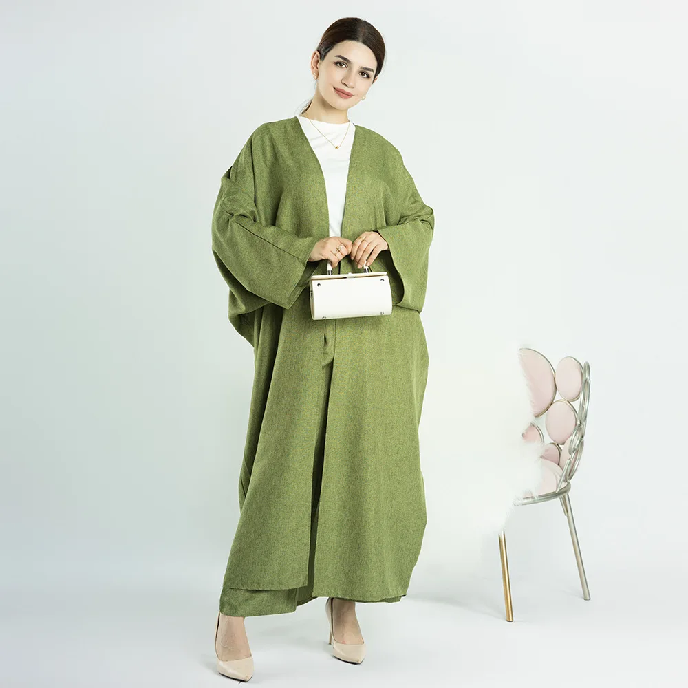 Lady Elegant Open Abaya Linen Long Kimono Muslimah Women Fashion Kaftan Islamic Arab Evening Dresses African Cardigan Robe S-XXL