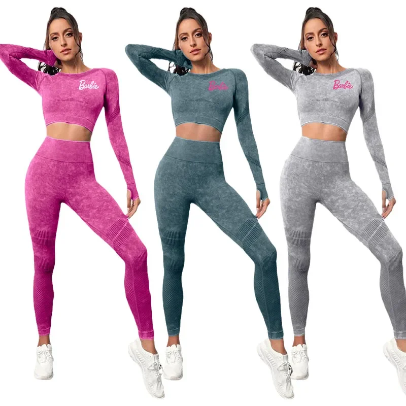 Barbie Kawaii Washed Seamless Yoga Wear Suit Women's High Waist Slim Tight Sports Long Sleeve Fitness Yoga Pants Two-piece Set