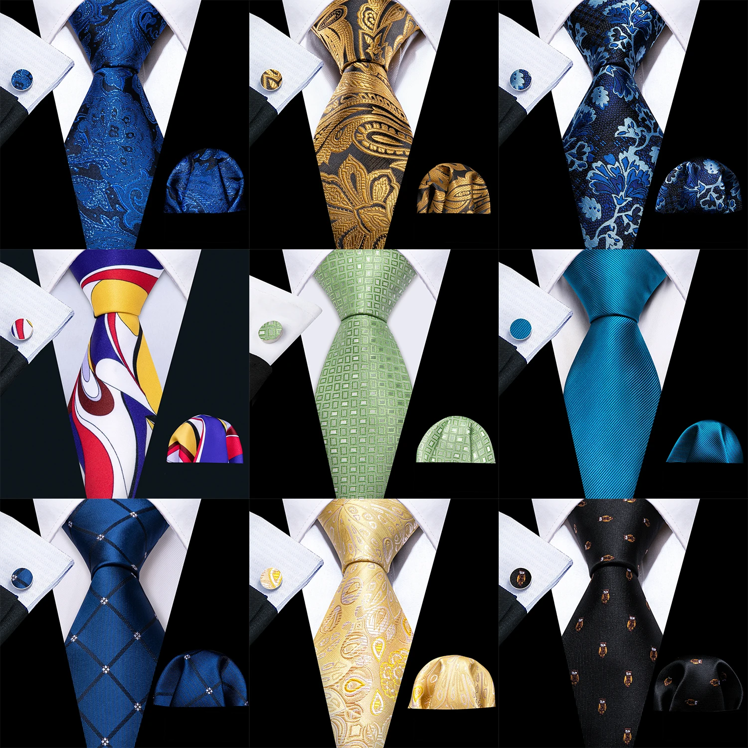 Herren-Krawatte, gelb, blaugrün, blau, geometrisch, solide Krawatten, Einstecktuch, Manschettenknöpfe, Set, Krawatte, formelle Hochzeit, Dinnerparty
