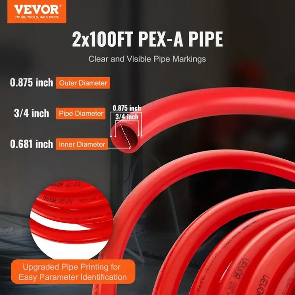 VEVOR PEX Pipe 3/4 Inch, 2 x 100 Feet Length PEX-A Flexible Pipe Tubing for Potable Water, Pex Water Lines for Hot/Cold Water &a