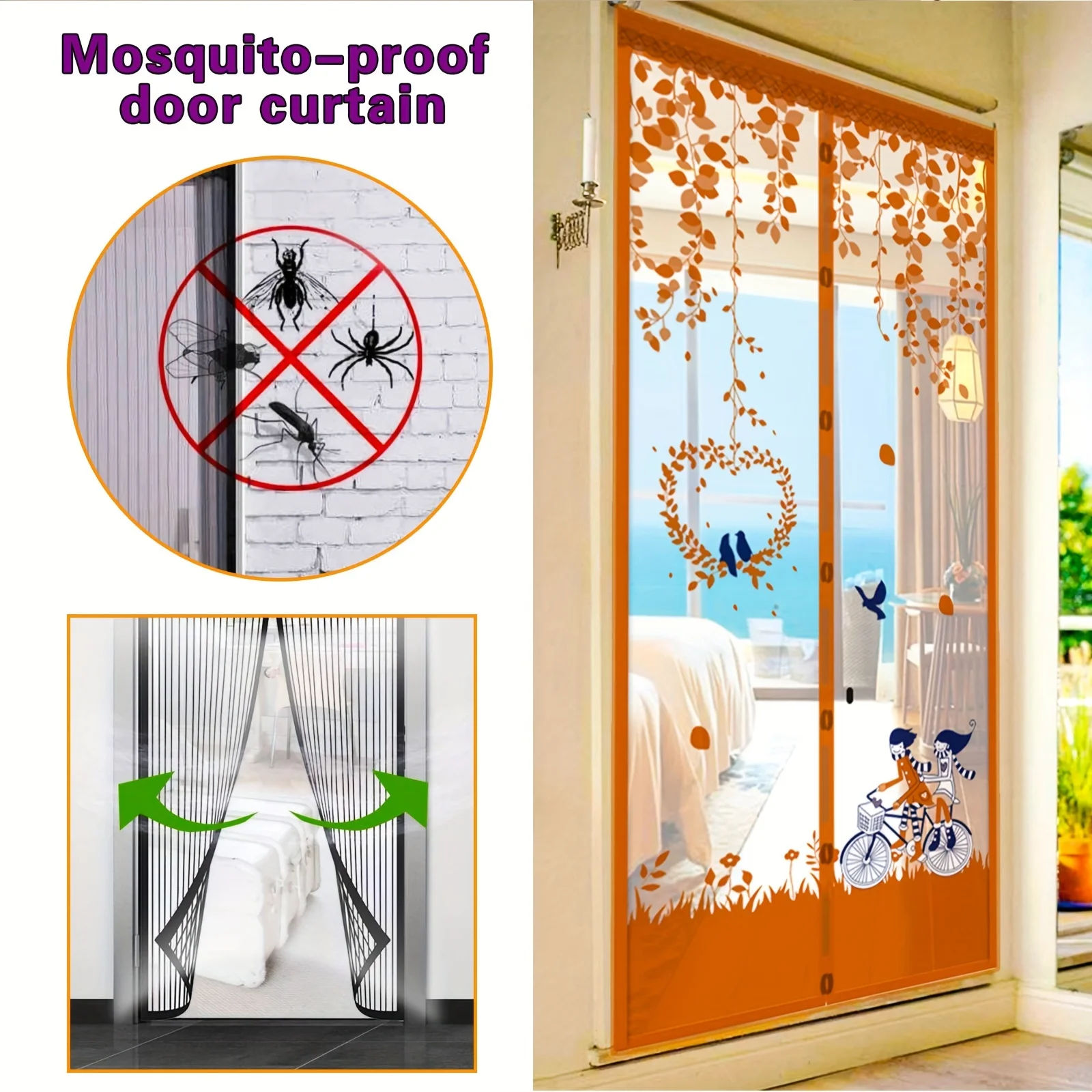 1pcs bike pattern Magnetic Screen Door Curtain Anti-Mosquito Easy Install Blackout Hands-Free Living Room Magnetic Door Curtain