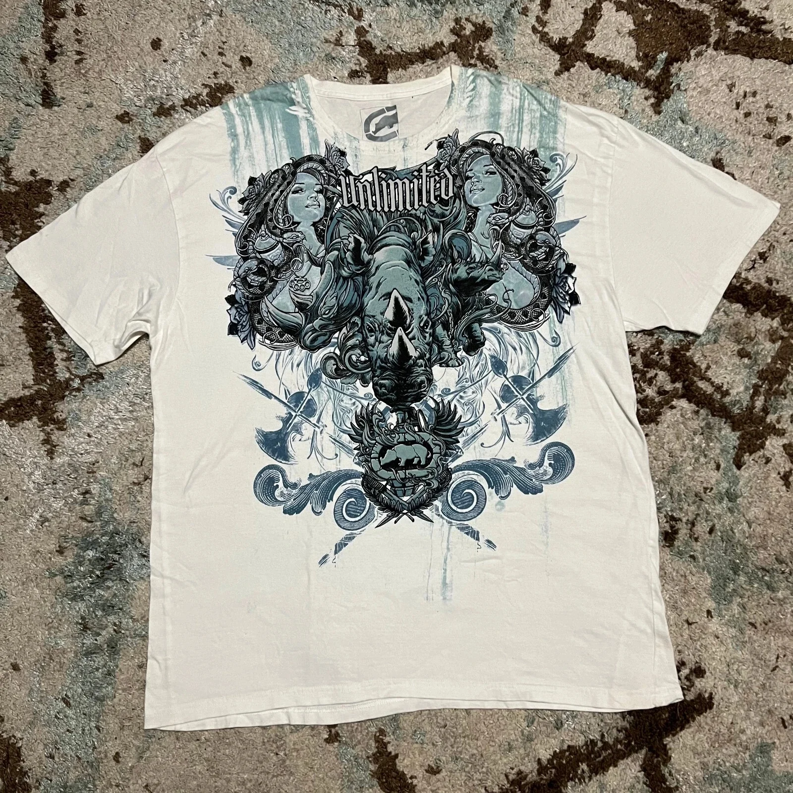 Ecko Unisex Rhino Print Oversized Tee Y2K Vintage Cotton Streetwear Shirt for Men Women Couple Casual Graphic Top Grunge T shirt