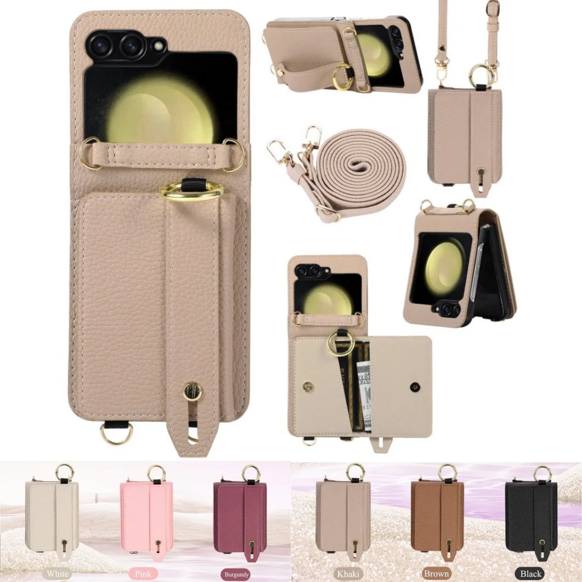 

Leather Wristband Crossbody Wallet Card Holder Phone Case For Samsung Galaxy Z Flip 7 6 5 4 Flip6 Flip5 Flip4 Flip3 Z Flip 7EF