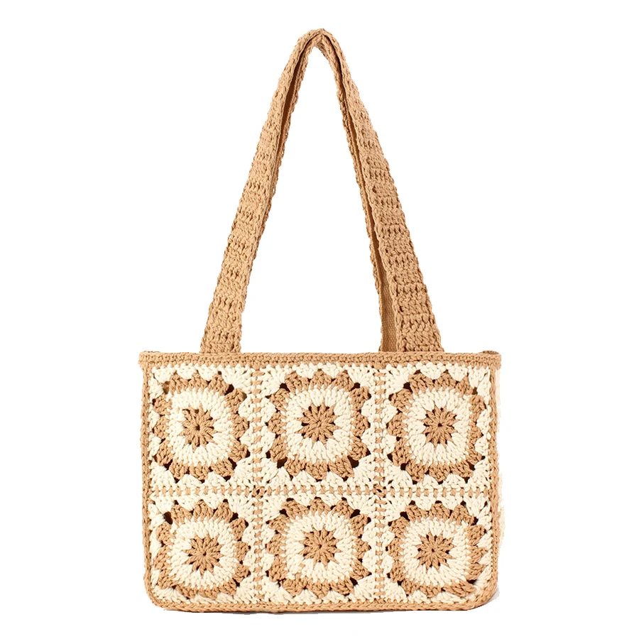 

New cotton thread hand-knitted woven handbags for beach daily work/commuting crochet flower women's bag hollow out shopper bags