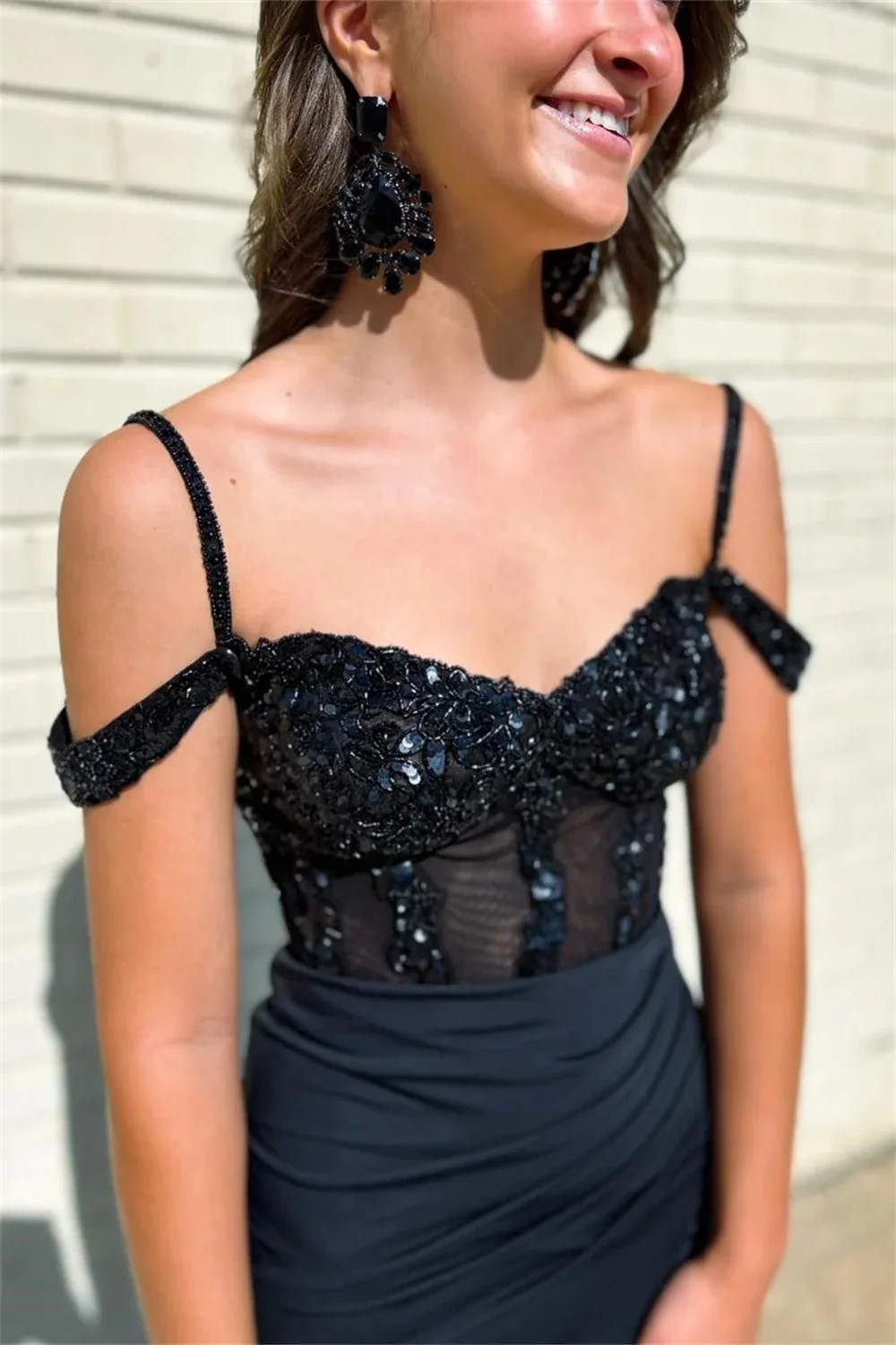 Annie Black Lace Prom Dresses Glitter Beads Wedding Dress Off-the-shoulder Mermaids Side Slit Cocktail Dresses Vestidos DeFiesta