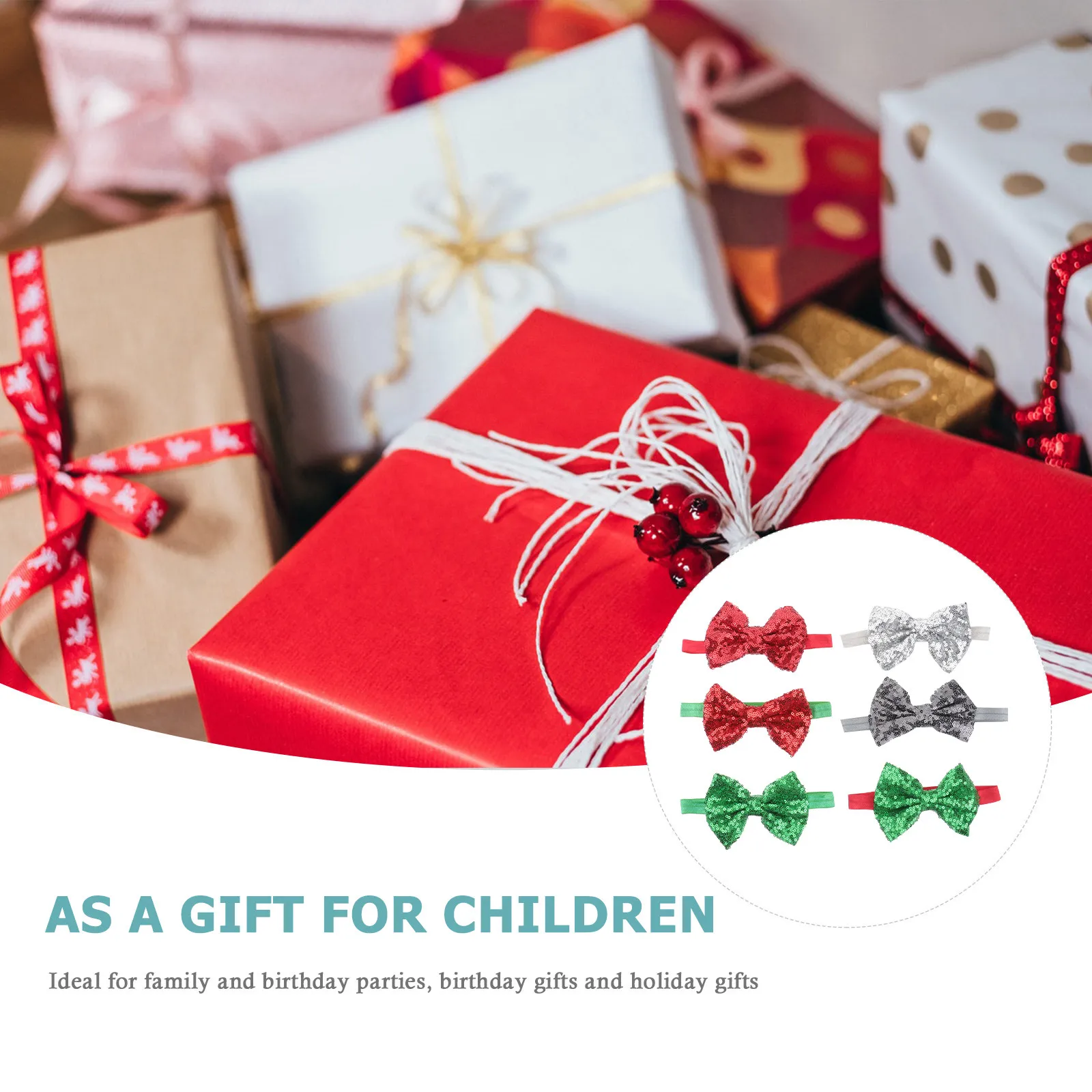 

6 шт. рождественских повязок на голову для малышей, аксессуары для волос с блестками и бантиками, удобные, регулируемые, для праздничных мероприятий