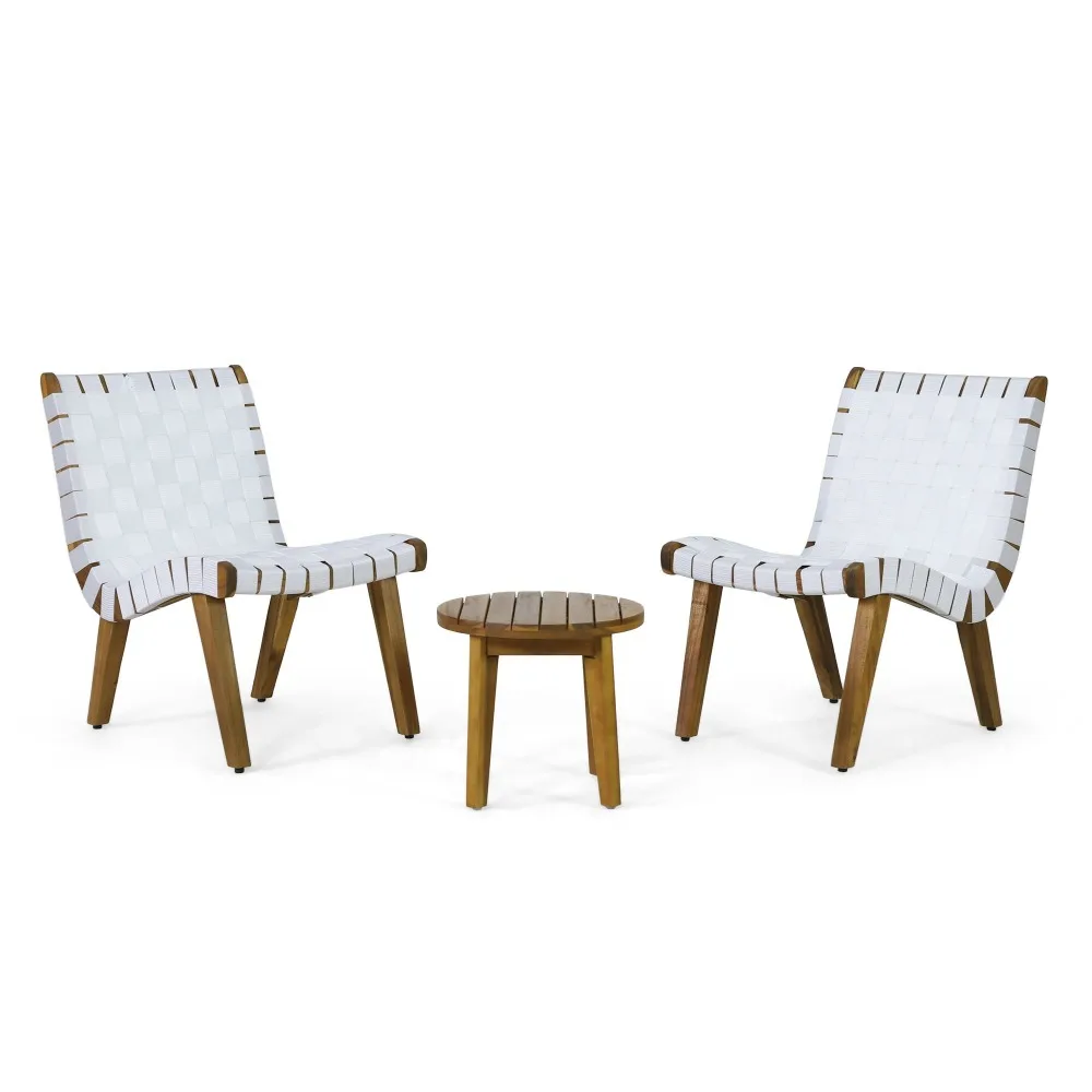 

Garden Chair Outdoor Acacia Wood and Rope Weave 3 Piece Chat Set, White and Teak