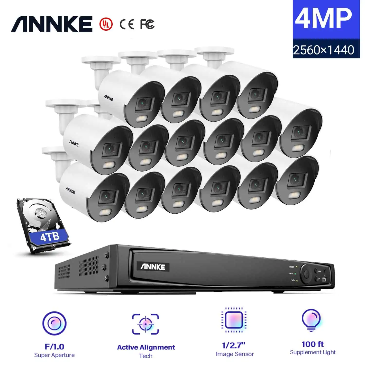 

ANNKE 16CH 8MP Ultra HD PoE сетевая система безопасности Видео H.265 видеонаблюдения NVR 16pc 4MP HD IP67 полный цвет POE камеры NVR комплект