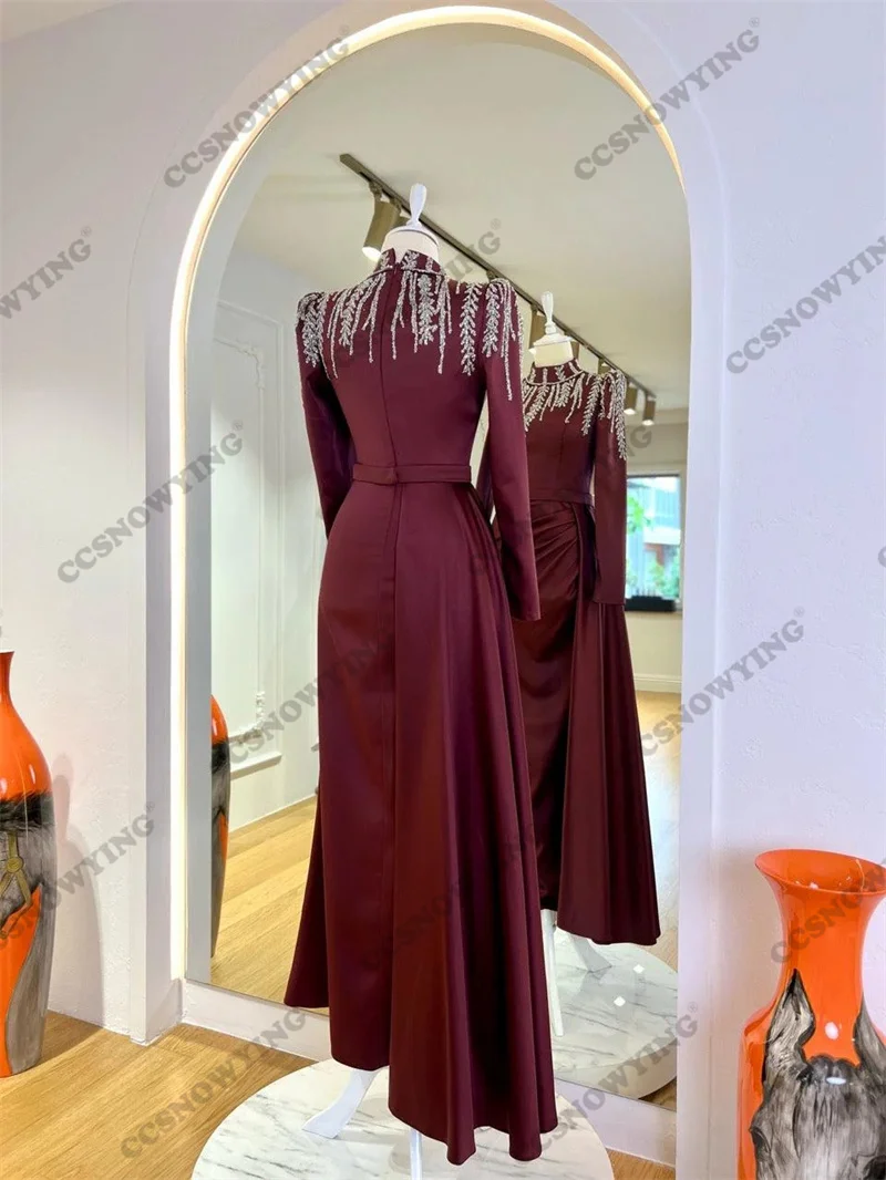 Burgundy Satin Beaded Muslim Evening Dresses Long Sleeve Hijab Islamic Formal Party Gown Arabic Dubai Women Robes De Soirée