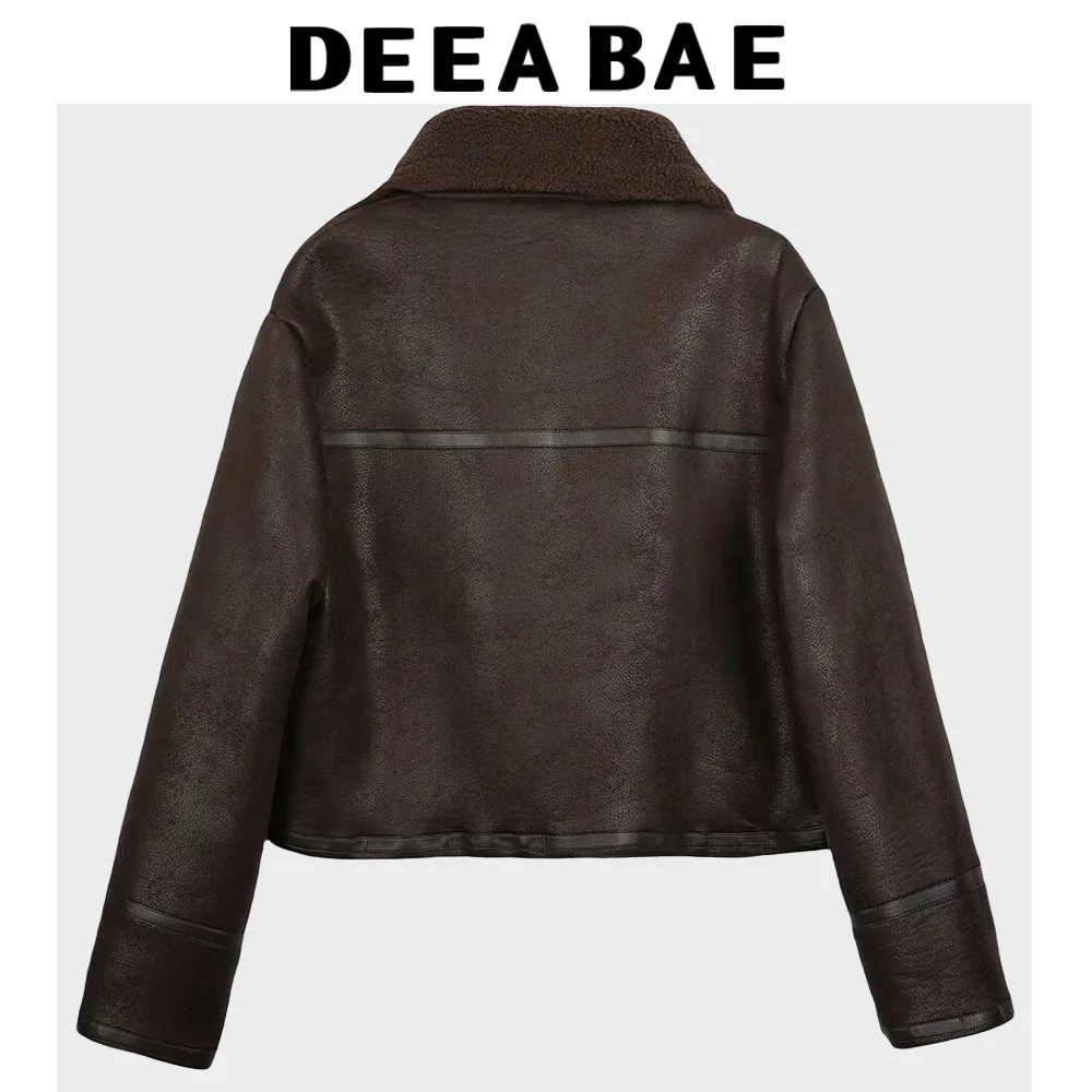 DEEABAE Women's Winter Coats Double-sided Lapel Long Sleeved Loose Zipper Short Jacket Thick Outerwears