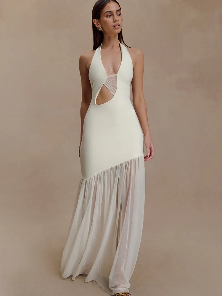 Articat élégant sans manches licou cou évider maille Patchwork femmes robe longue Sexy dos nu robe moulante fête robe de soirée