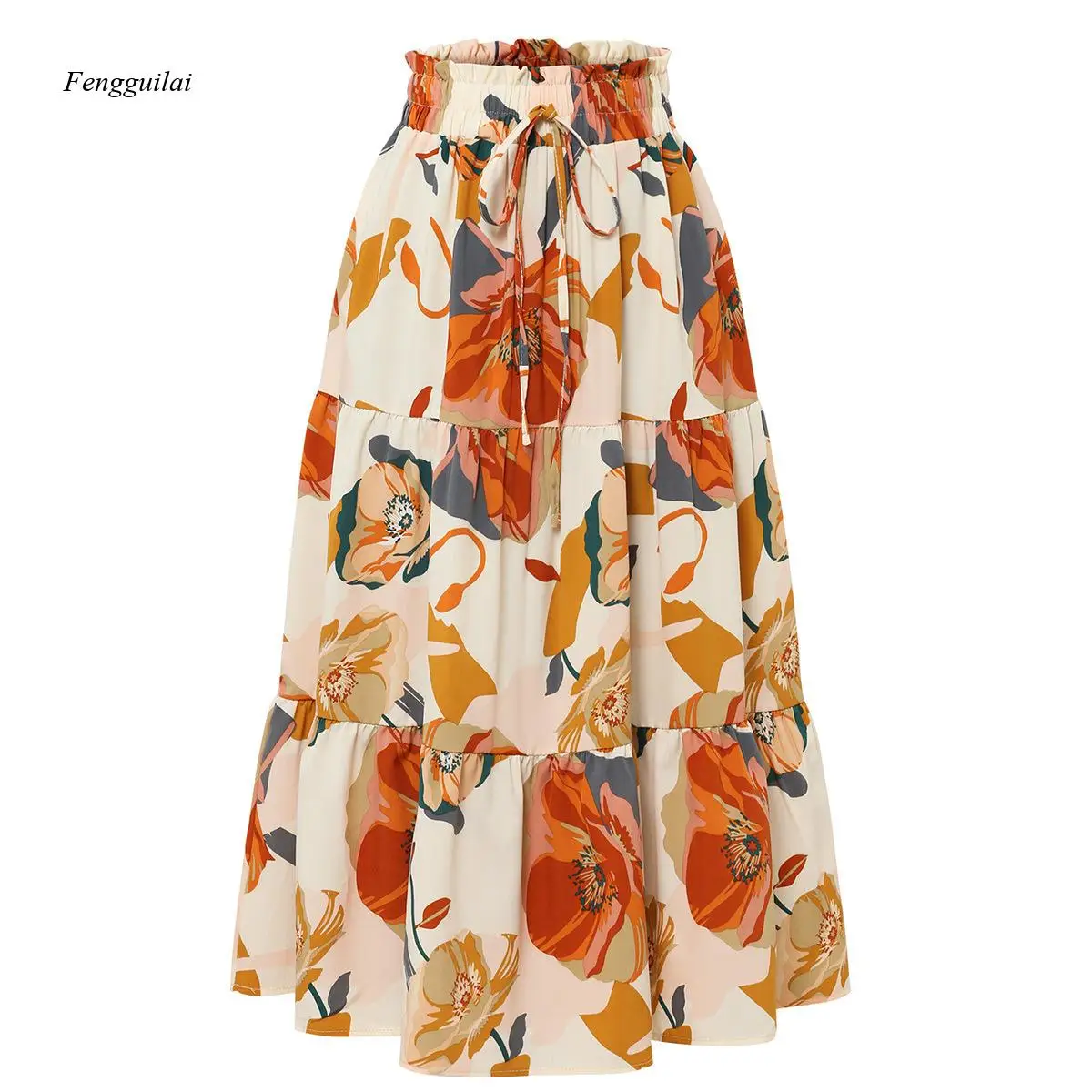 A-Shaped Pleated Skirt with Autumn Floral Print and Elastic Waist, Mid-Length Dress