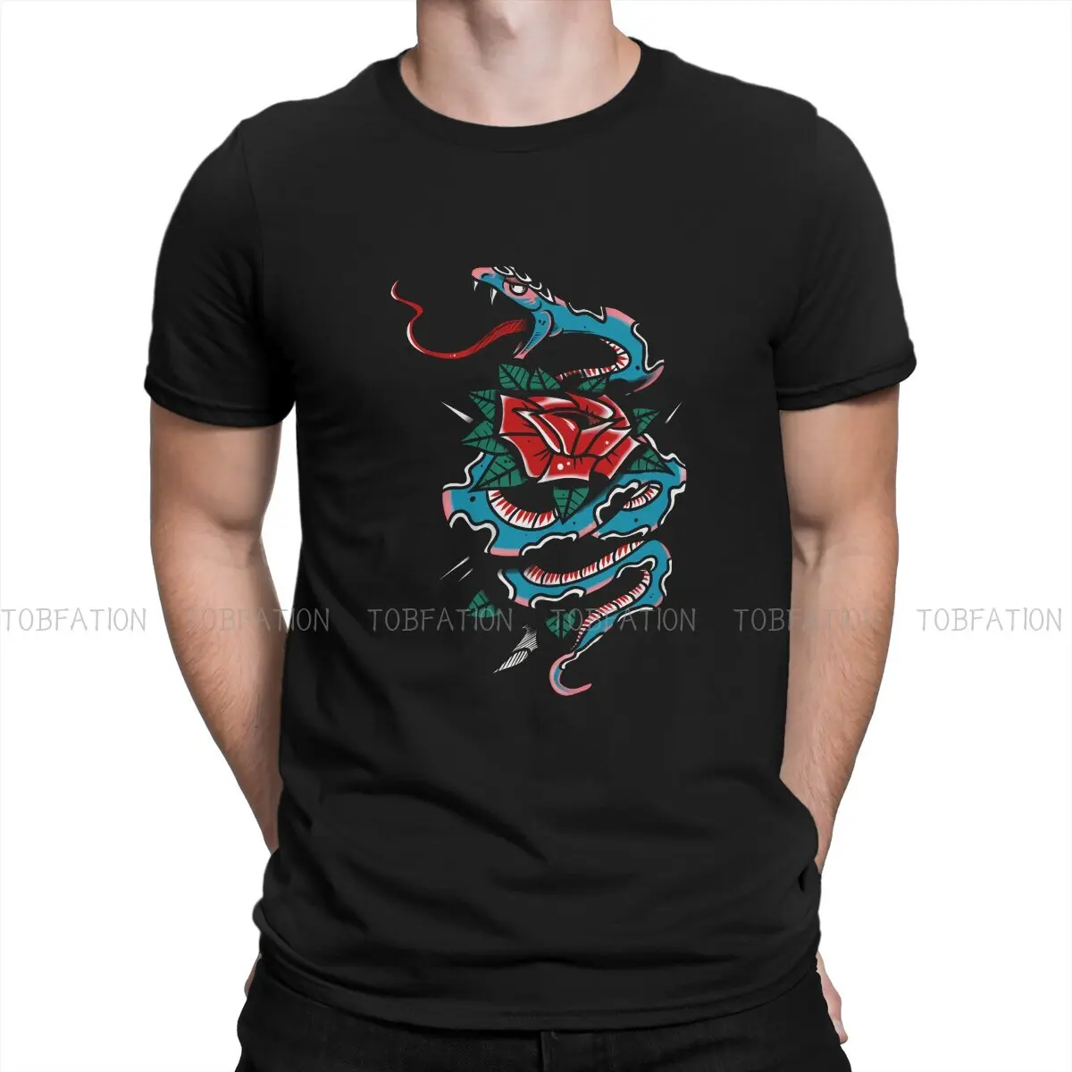 Snake and Rose Fashion TShirts Tattoo Style Male Style Fabric Streetwear T Shirt O Neck Oversized