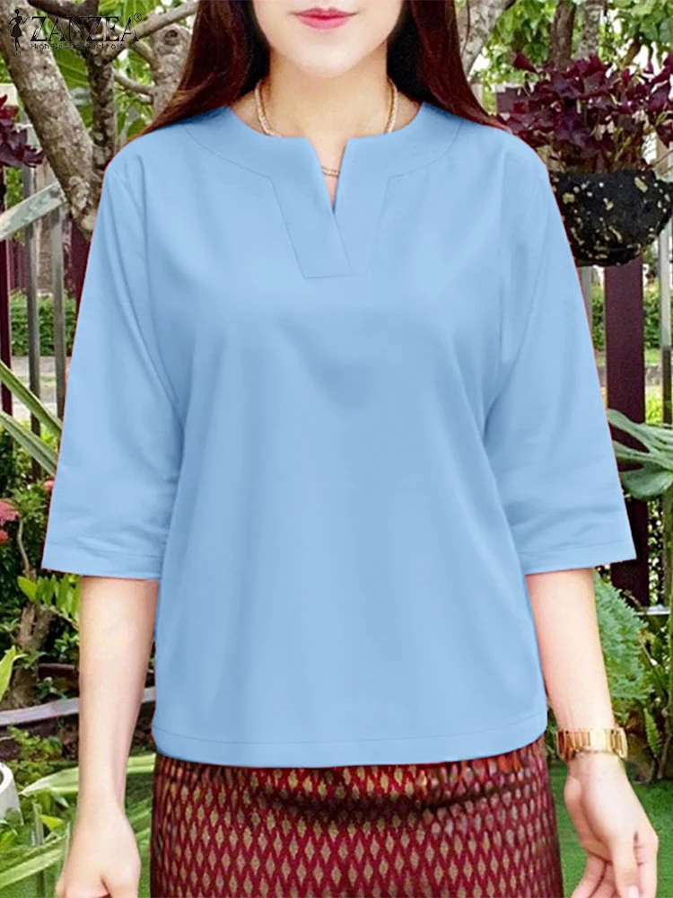 

ZANZEA Womens Vintage Solid Color Blouses V-Neck 3/4 Sleeve Loose Casual Blusas Mujer 2025 Summer Lightweight Day Wear Tops