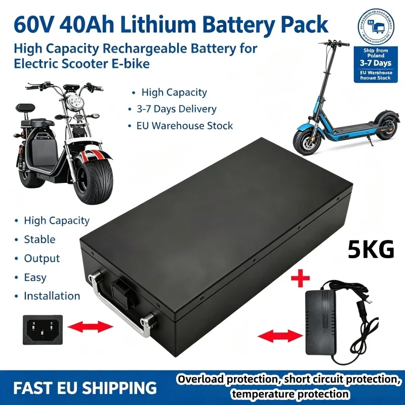 Image of 2026 Neuer 60V 40Ah Lithium-Akku mit Ladegerät, Hochleistungs-Lithium-Ionen-Akku, BMS-Schutz, für Elektroroller, E-Bike, Motorrad, Lager in Polen, 3-7 Tage EU-Lieferung