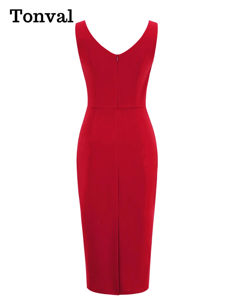 Tonval Sweetheart Neck Sleeveless Office Midi Pencil Dresses for Women 2023 Vintage Red Solid Elegant Slim Bodycon Dress
