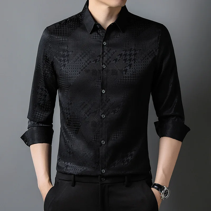 Real Silk High-End Men's Long-Sleeved Shirt Spring and Autumn New Business Casual Jacquard Affordable Luxury Style Trendy