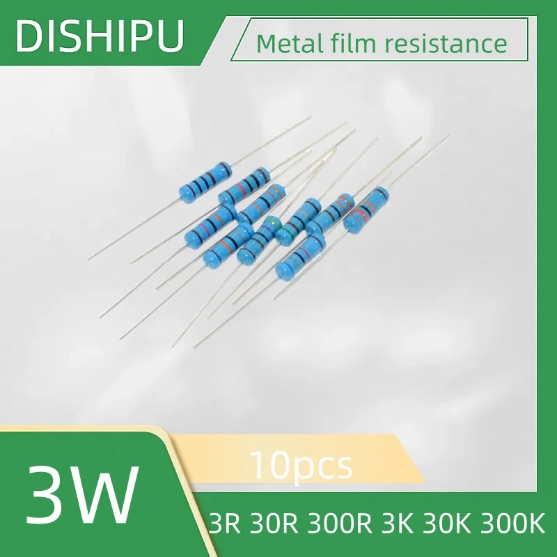 

10pcs 3W metal film resistance 3R 30R 300R 3K 30K 300K 300 ohms accuracy 1% five color ring three watts