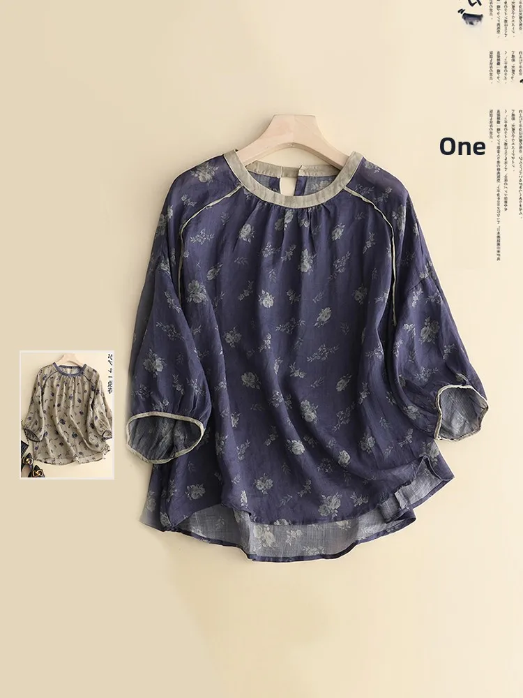 

Свободный льняной топ с цветочным принтом в стиле ретро, повседневная круглая футболка большого размера, женская футболка на пуговицах