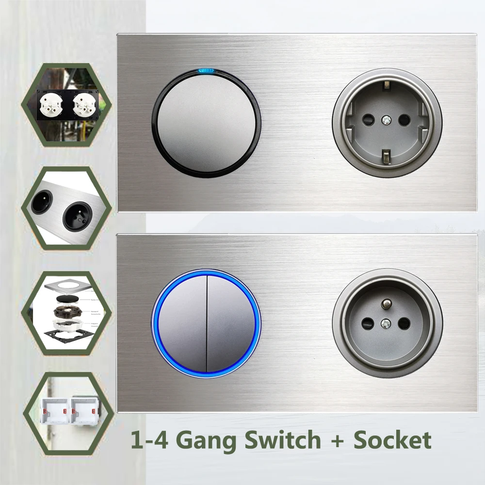 

1-4 Gang Wall Switch EU French Wall Socket, Round Button with Blue LED Indicator Light Switch, Black Aluminum Double Plate