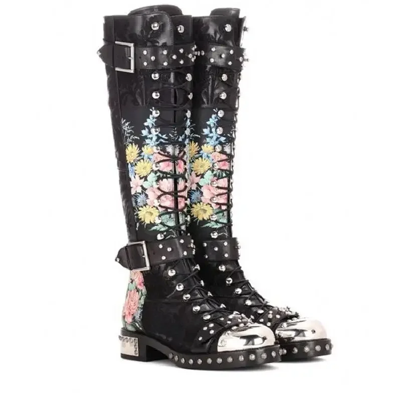 Printed Rivet Lace-Up Belt Buckle Mid-Calf Boots Woman Winter 2025 Thick-Soled Chunky Heel Metal Round-Toe Knight Boots Fashion