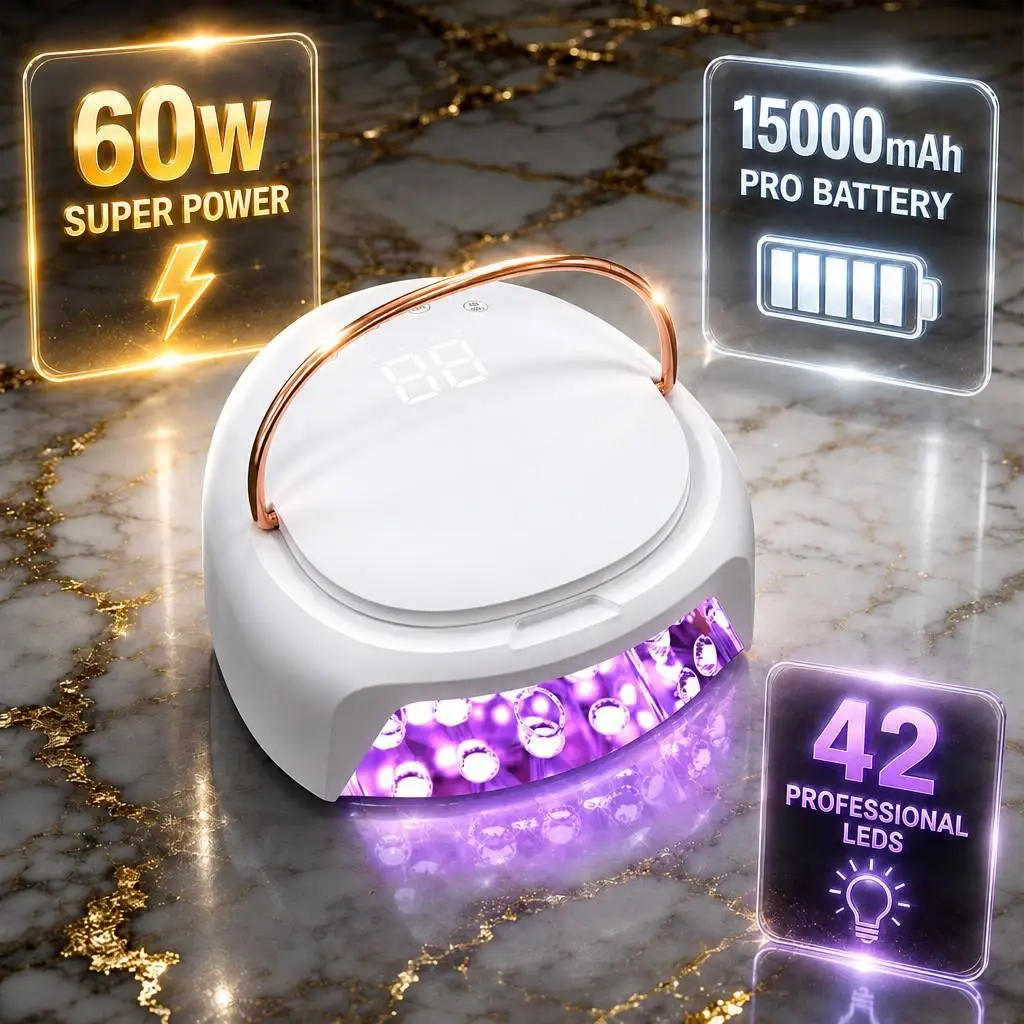 60W UV LED Nail Lamp Rechargeable Fast Curing Metal Rest for Home Use with Professional Nail Polish & Gel Care