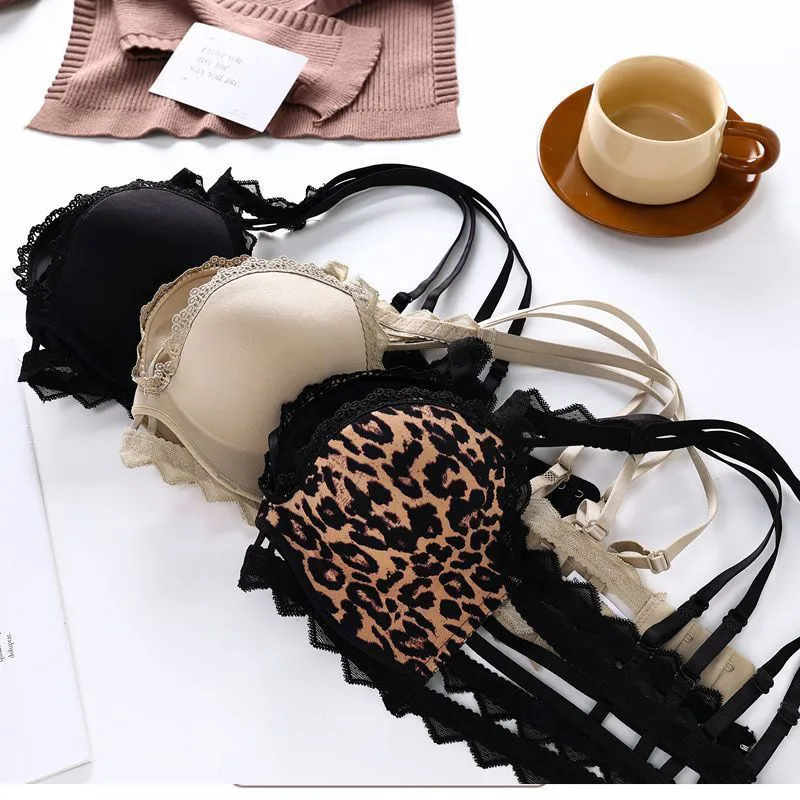 Sexy leopardí push-up podprsenka pro ženy, bezešvá podprsenka s krajkou na zádech, zvednutí a vylepšení, bezdrátová podpora, prodyšná měkká spodní prádlo - náhled 3