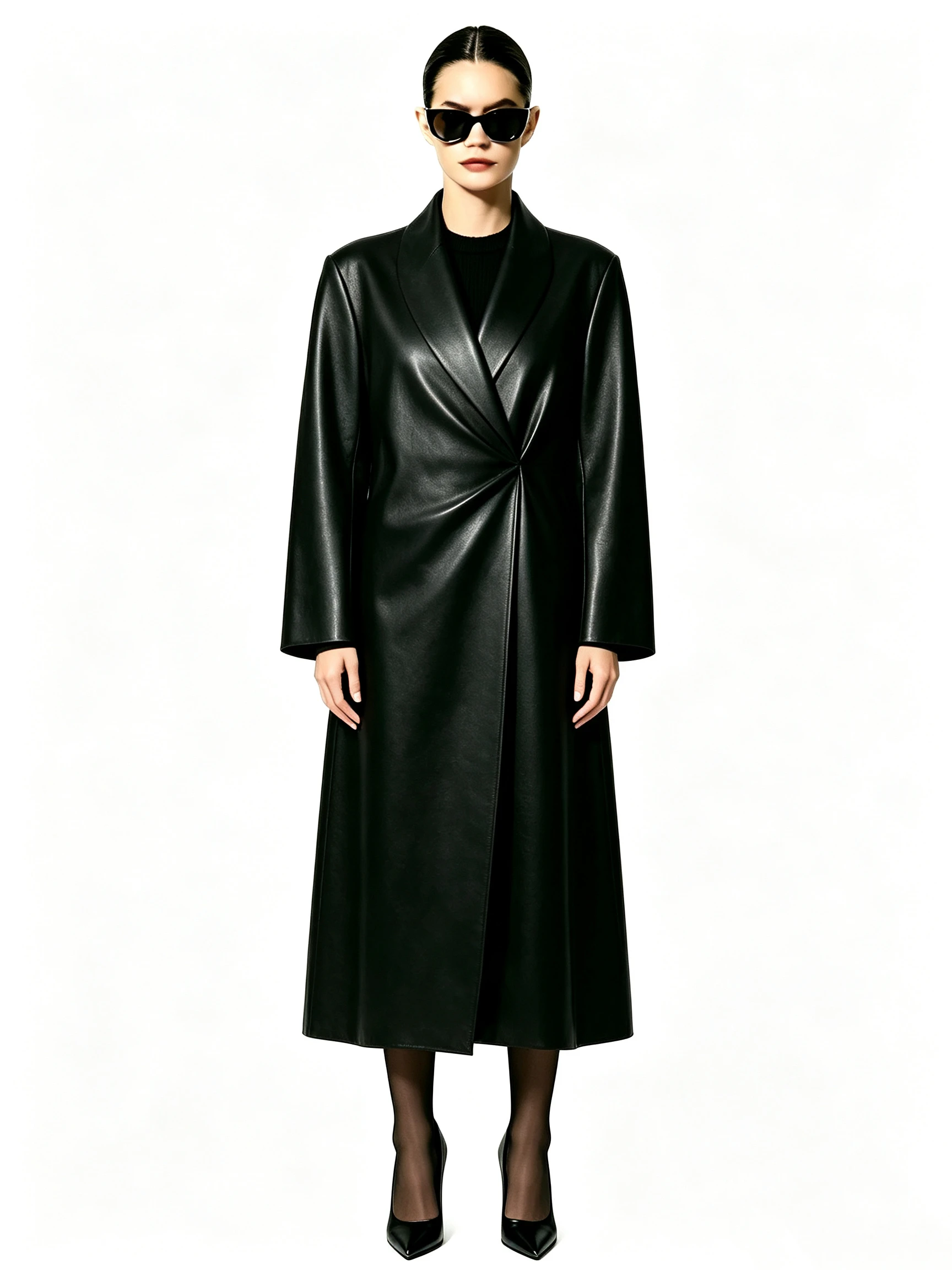 Women's Long Faux Leather Coat with Shawl Collar and Twisted Waist Detail