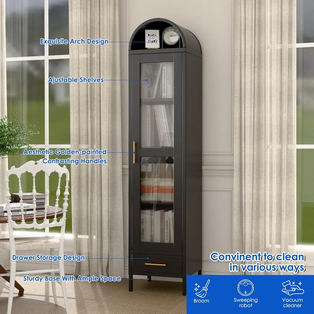 Большой металлический арочный шкаф для хранения со стеклянными дверцами, полками и ящиком для гостиной и кухни