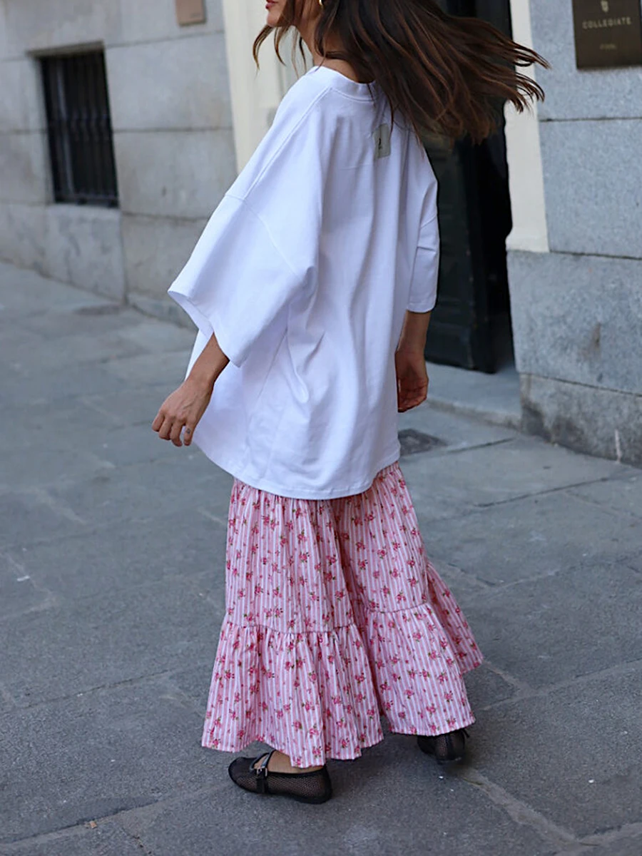 Pantalones bohemios de cintura alta para mujer, Pantalón elástico con volantes, estampado de rayas florecidas, Palazzo, holgado, de pierna ancha, escalonado