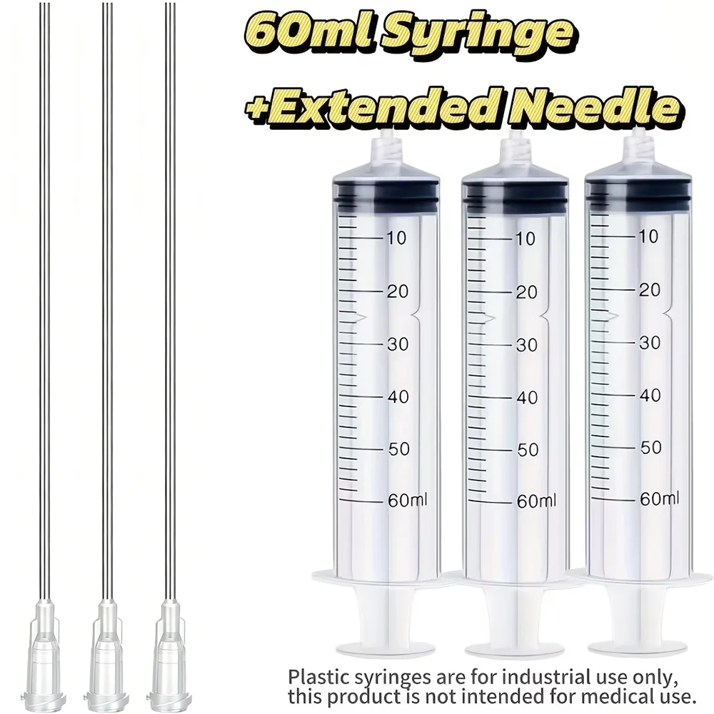 6-teiliges Set (Spritze + Nadel) 10 ml/20 ml/60 ml Kunststoffspritzen, langer Nadeltyp, stumpfe Spitze, geeignet für den Laborgebrauch, Flüssigkeitstransfer, Messung und Dosierung sowie