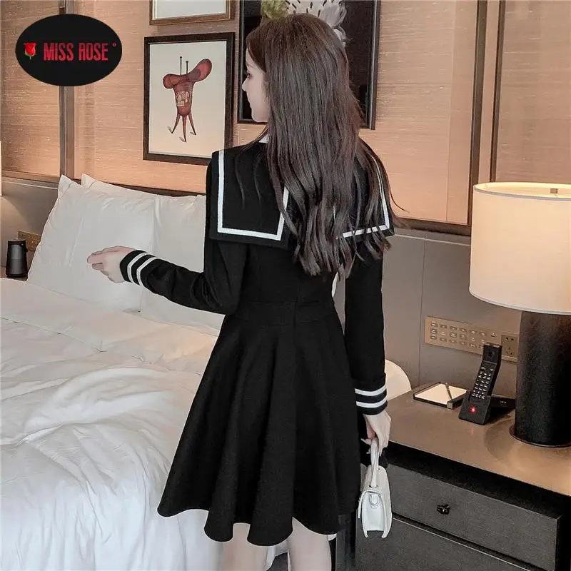 Women Lady Elegant JK Sailor Uniform Dress Party High Street Dating Romantic Vestidos Double Breasted Autumn Spring Preppy Dress