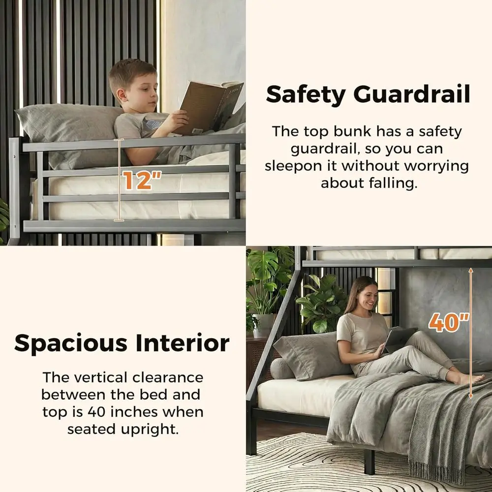 Heavy Duty Metal Twin XL Over Queen Bunk Bed for Adults and Kids, Twin Over Queen Bunkbed with 2 Ladders, Noise Resistant, No Bo view 5