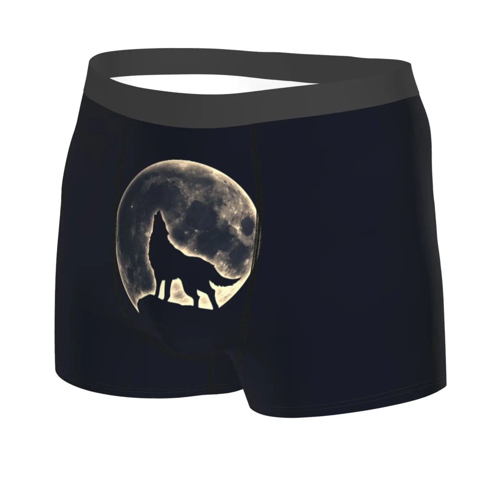 Night Round Moon Howling Wolf Pattern Underwear Men Stretch Boxer Briefs Shorts Panties Soft Sexy Underpants for Male