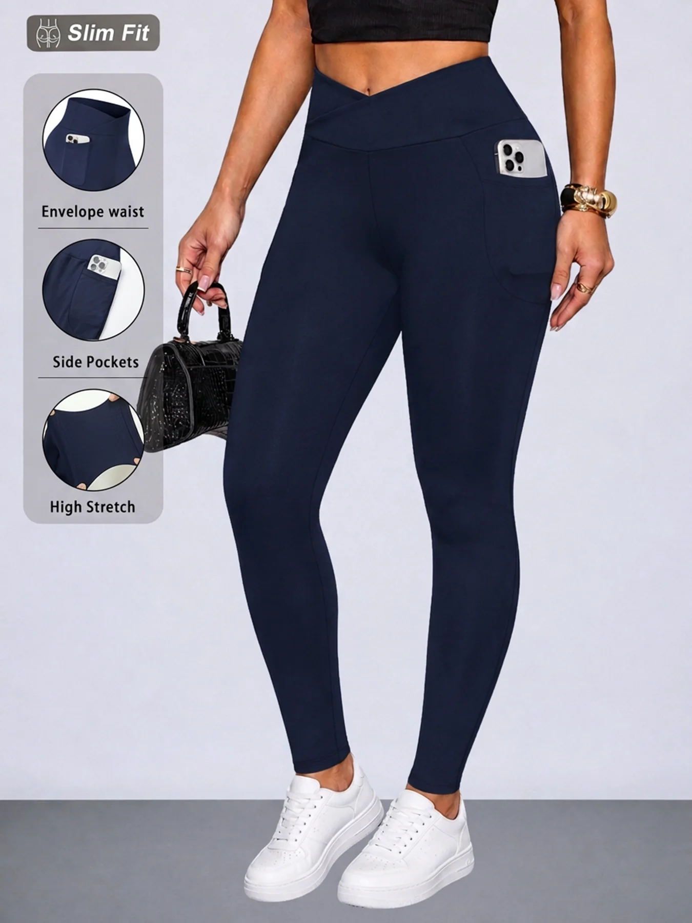 Crossover Leggings with Pockets for Women High Waisted Super Soft Tummy Control No See Through Yoga Running