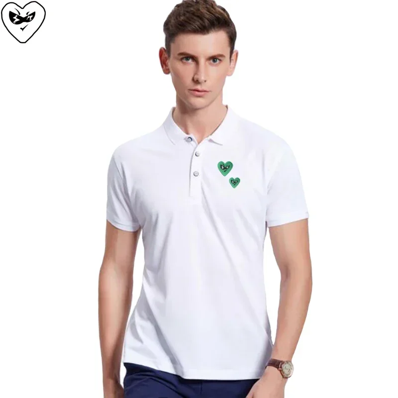 Break Egg Men POLO Shirt Cartoon Large and Small Heart Embroidery Summer Short Sleeve Three-Button Lapel Cotton POLO Shirt