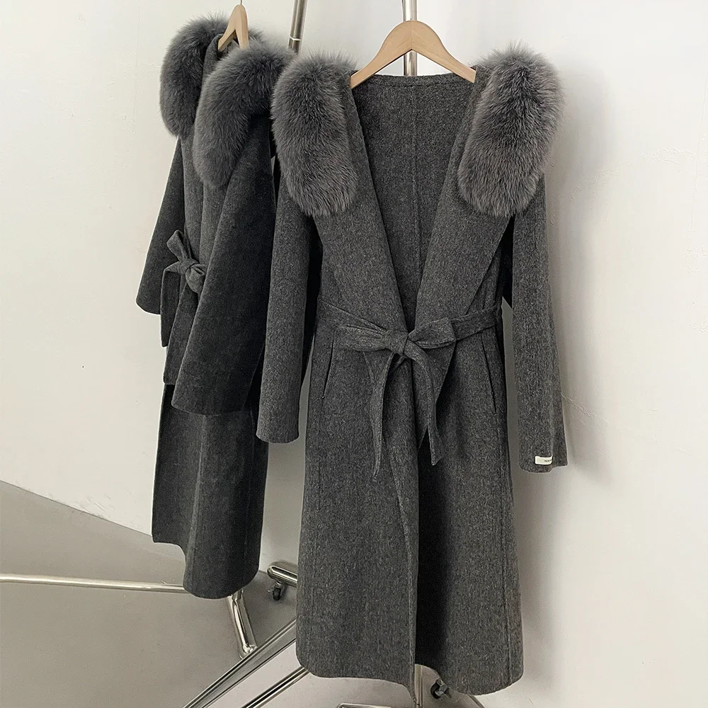 OFTBUY Kapuzenmantel mit Gürtel aus Naturfell und Wolle, langer Damen-Wollmantel mit echtem Fuchsfell, neuer Winter-Wollmantel für Damen – Detail 16